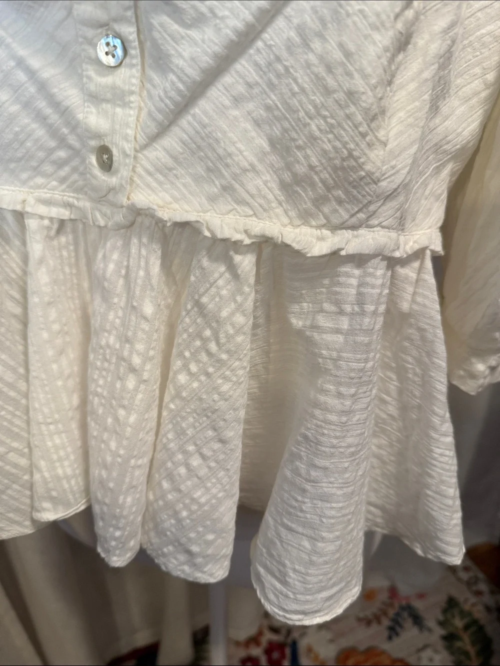 Free People Ivory Smocked Babydoll Blouse Puff Sleeve Cotton Top M